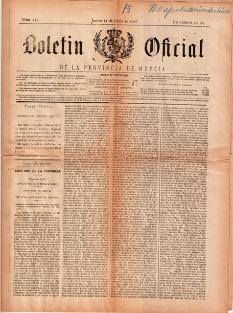 Imagen de un documento digital de un expediente administrativo;  boletín oficial de la resolución de un deslinde. Año 1908